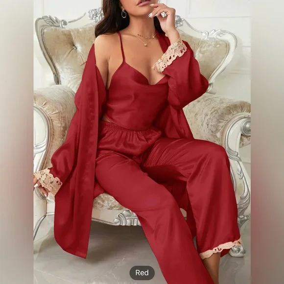 Red 3-piece Sets Silk Satin Cami Top & Pants With Robe Pajama Set - Picture 2 of 8